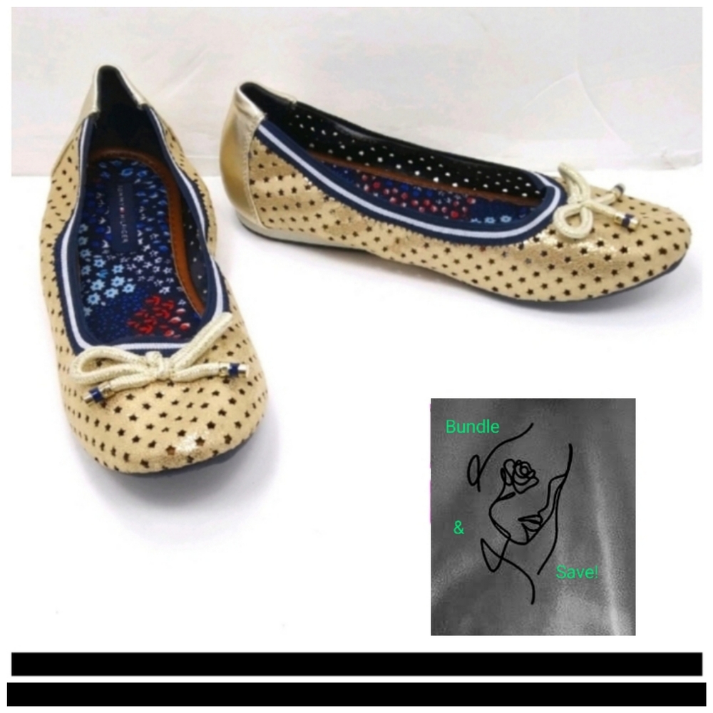 TOMMY HILFIGER Girl's Perforated Gold Stars Faux Leather Navy Ballet Flats EUC